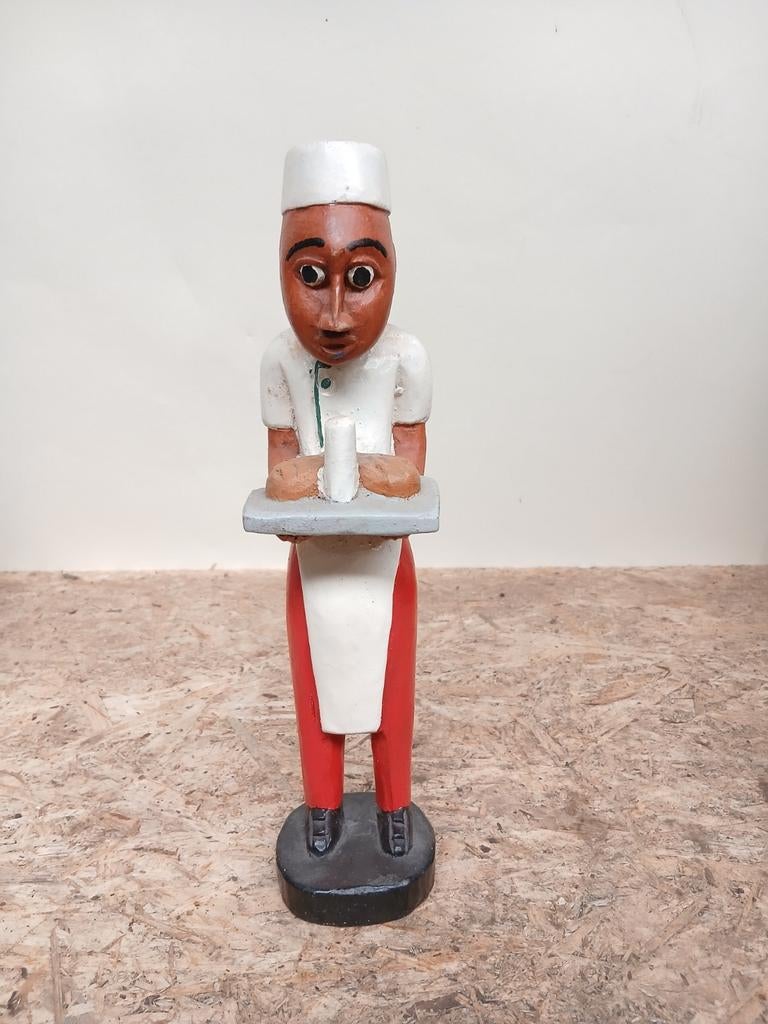 Houten beeldje ober met dienblad, 30 cm hoog, Ophalen of Verzenden, Gebruikt, Mens