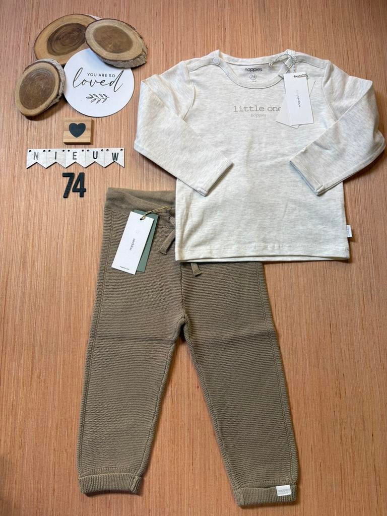 Baby unisex noppies setje shirt beige broekje groen maat 74, Ophalen of Verzenden, Zo goed als nieuw, Jongetje of Meisje