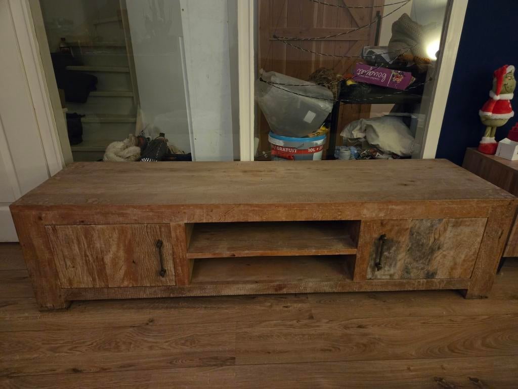 Rustiek tv-meubel van zwaar teakhout, Huis en Inrichting, Kasten | Televisiemeubels, Ophalen, Gebruikt, 150 tot 200 cm, Teakhout