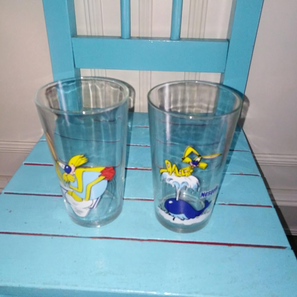 Nesquik glazen 2 stuks, Ophalen, Glas of Glazen, Gebruikt, Glas