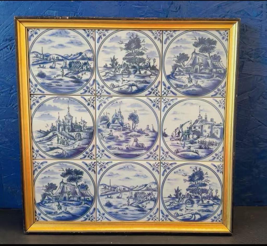 Delfts Blauw Tegeltableau met Gouden Lijst, Ophalen of Verzenden