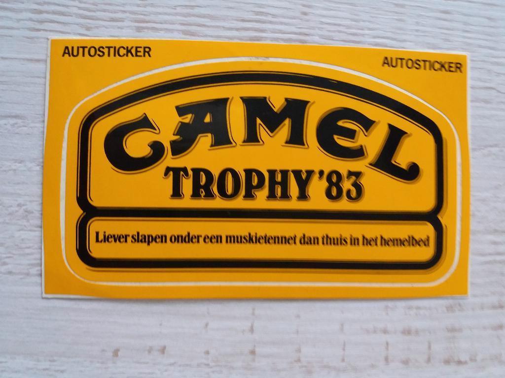 sticker CAMEL TROPHY '83 Liever slapen onder een muskietenne, Verzamelen, Ophalen of Verzenden, Zo goed als nieuw, Sport