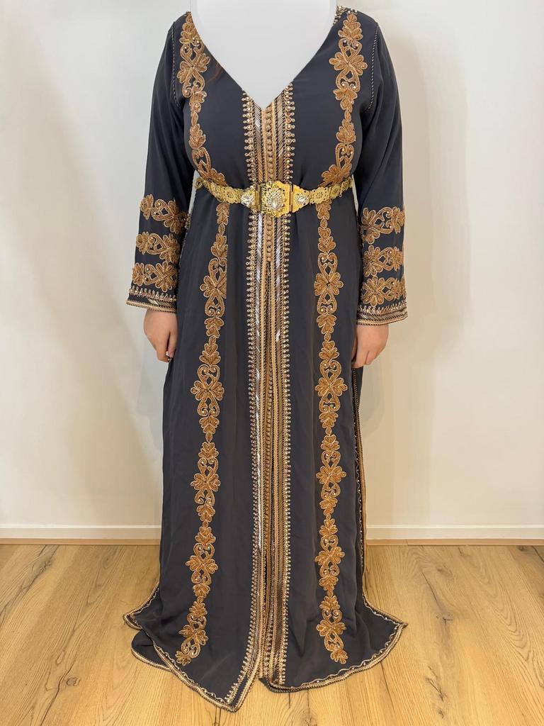 Donkergrijze takshita/Marokkaanse jurk met brons m t/m xl., Overige typen, Maat 46/48 (XL) of groter, Ophalen of Verzenden, Zo goed als nieuw