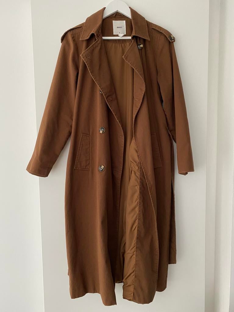 Lange bruine trenchcoat in biokatoen van Object, maat 36, Kleding | Dames, Jassen | Winter, Bruin, Object, Ophalen of Verzenden