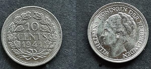 10 cent 1941 Pr, Verzenden, Koningin Wilhelmina, 10 cent, Zilver