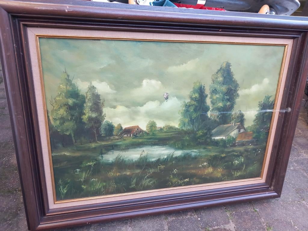 Schilderij Landschap met Water en Boerderijen, Antiek en Kunst, Kunst | Schilderijen | Klassiek, Ophalen of Verzenden