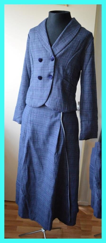 Blauw rokpak mantelpak vintage look maat L, Verzenden, Nieuw, Blauw