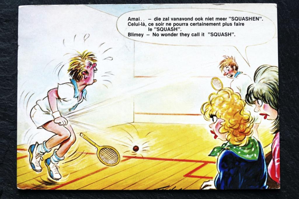 Die squashbal kwam heel onprettig terecht... 1985, humor, Verzamelen, Verzenden, 1980 tot heden, Gelopen, Sport en Spel