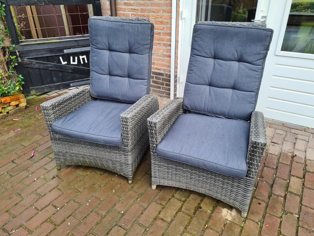 2 verstelbare relax tuinstoelen met kussens, Ophalen, Gebruikt, Wicker, Verstelbaar