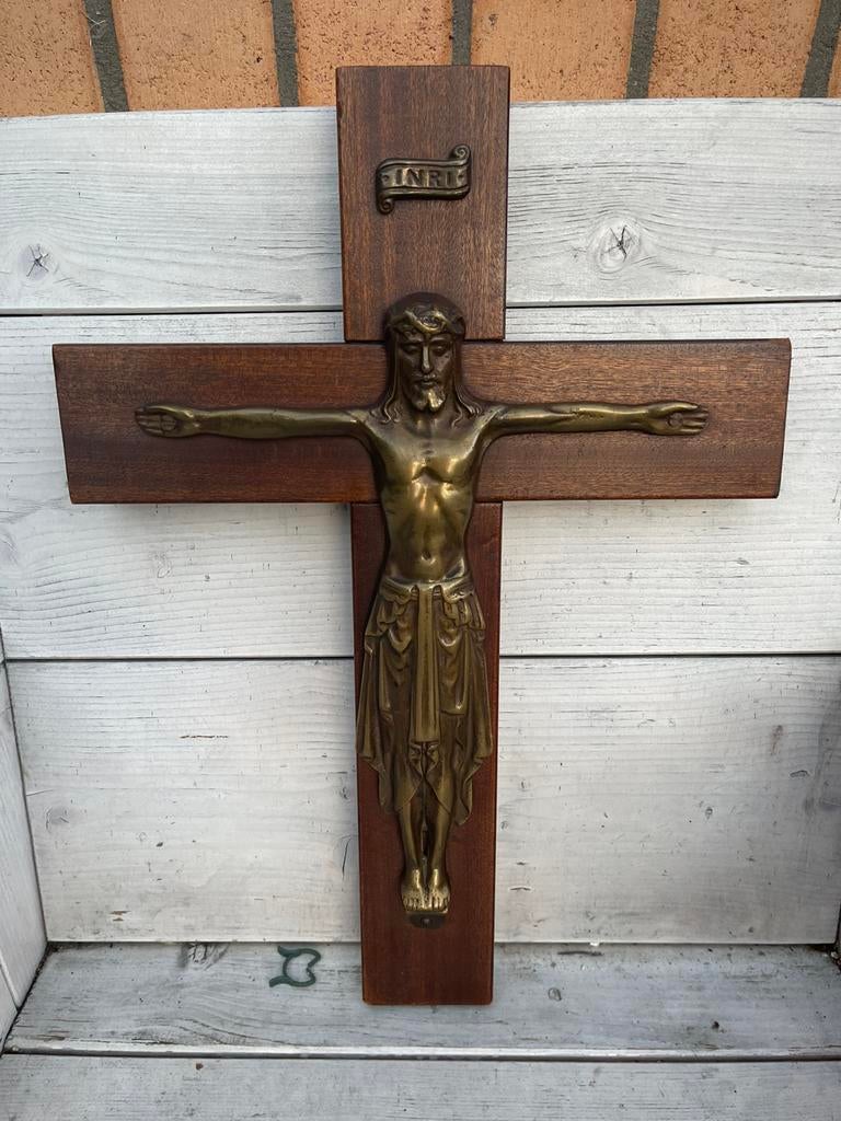Kruisbeeld hout en messing H 48 cm, Antiek en Kunst, Ophalen of Verzenden