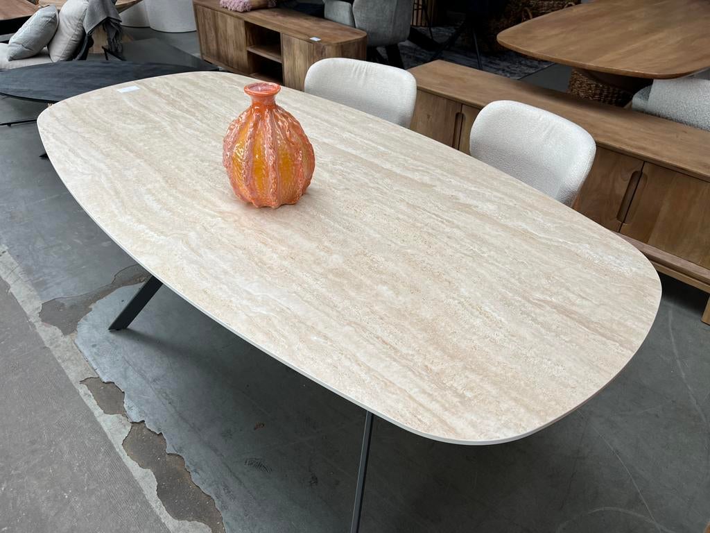 Magazijn leegverkoop eettafel deens ovaal Travertin metaal, Nieuw, Ophalen of Verzenden, Info@wkhome.nl, Argonweg 20 Amersfoort