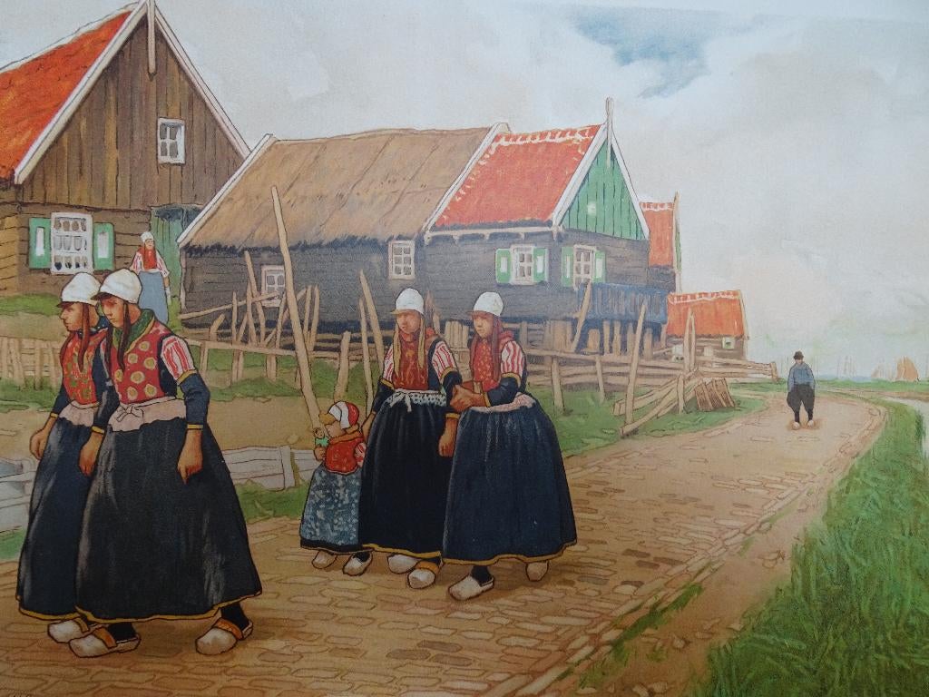 litho zicht op oude Marken, klederdracht, H. Cassiers 1900, Antiek en Kunst, Verzenden
