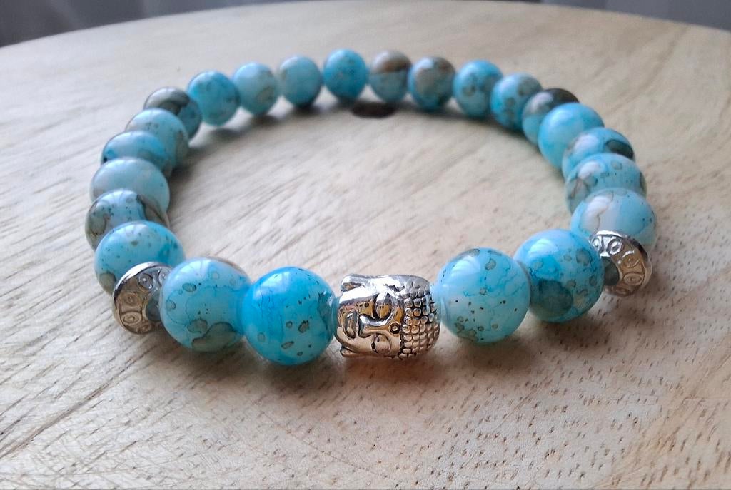 Armband buddha zilver blauw 8 mm glaskralen boeddha, Blauw, Nieuw, Ophalen of Verzenden, Elastiek