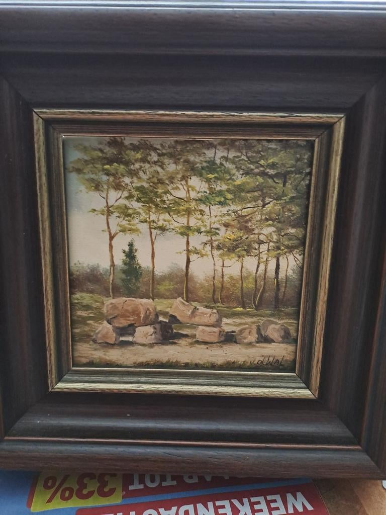 Klein schilderij handgeschilderd van een hunebed, Ophalen of Verzenden