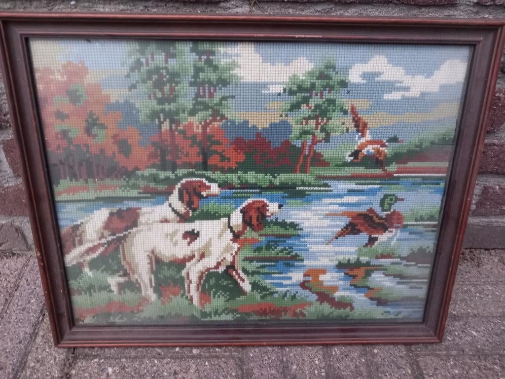 Vintage geborduurd schilderij jacht, Antiek en Kunst, Ophalen of Verzenden