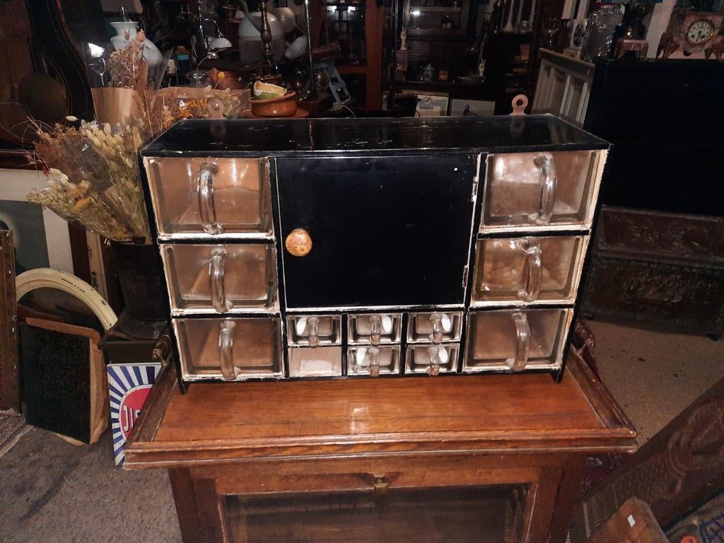 Antieke kruidenkast met glazen lades, Ophalen of Verzenden