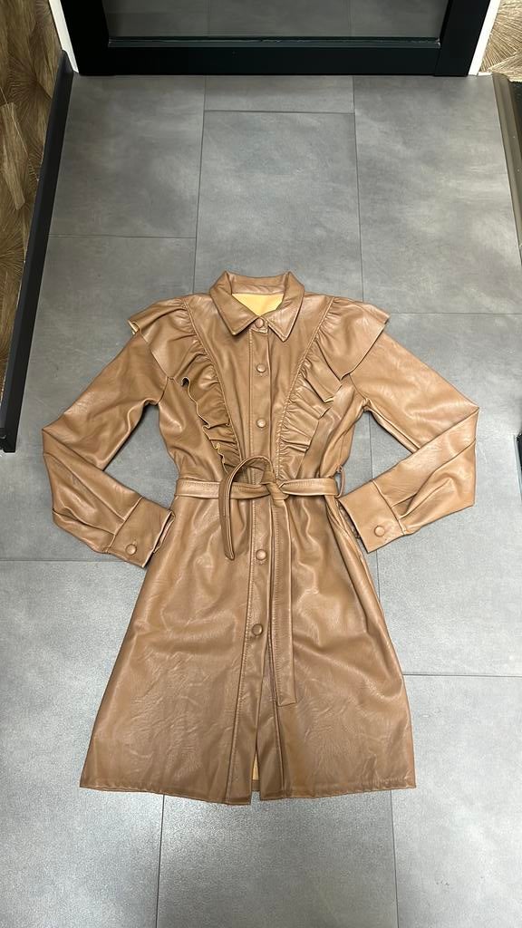 Trendy faux leather jurk/jas – XS/S, Ophalen, Bruin, ., Zo goed als nieuw