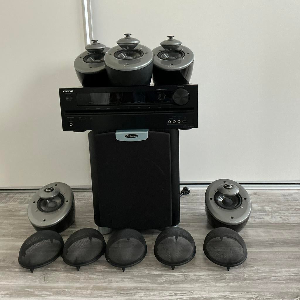 Tekoop 5-1 set Mirage omniosat en Onkyo TXSR313 AV, Audio, Tv en Foto, Luidsprekers, Gebruikt, 60 tot 120 watt, Front, Rear of Stereo speakers