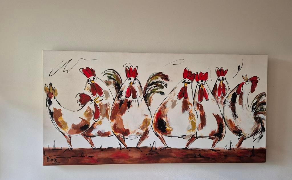 Vrolijke kippen schilderij op Canvas, Ophalen, Zo goed als nieuw, Schilderij