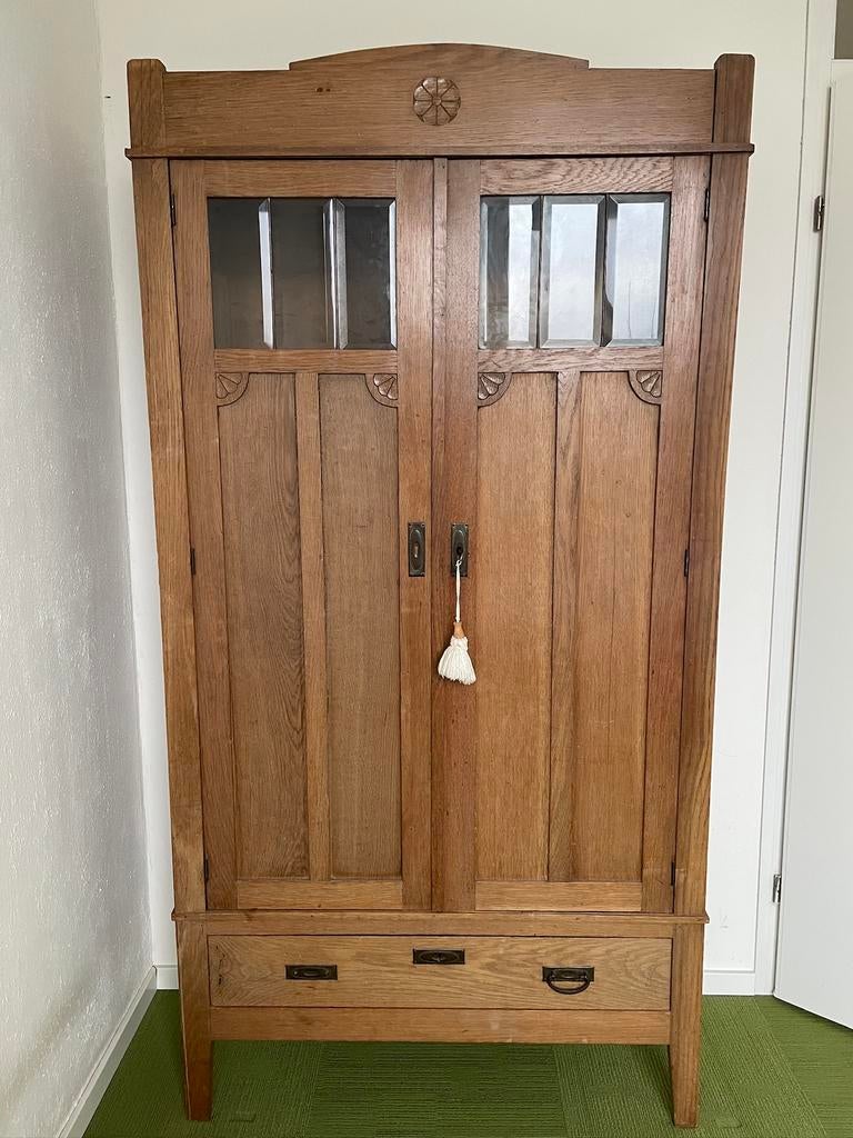 Eiken houten kast, Ophalen, Gebruikt, 25 tot 50 cm, Glas