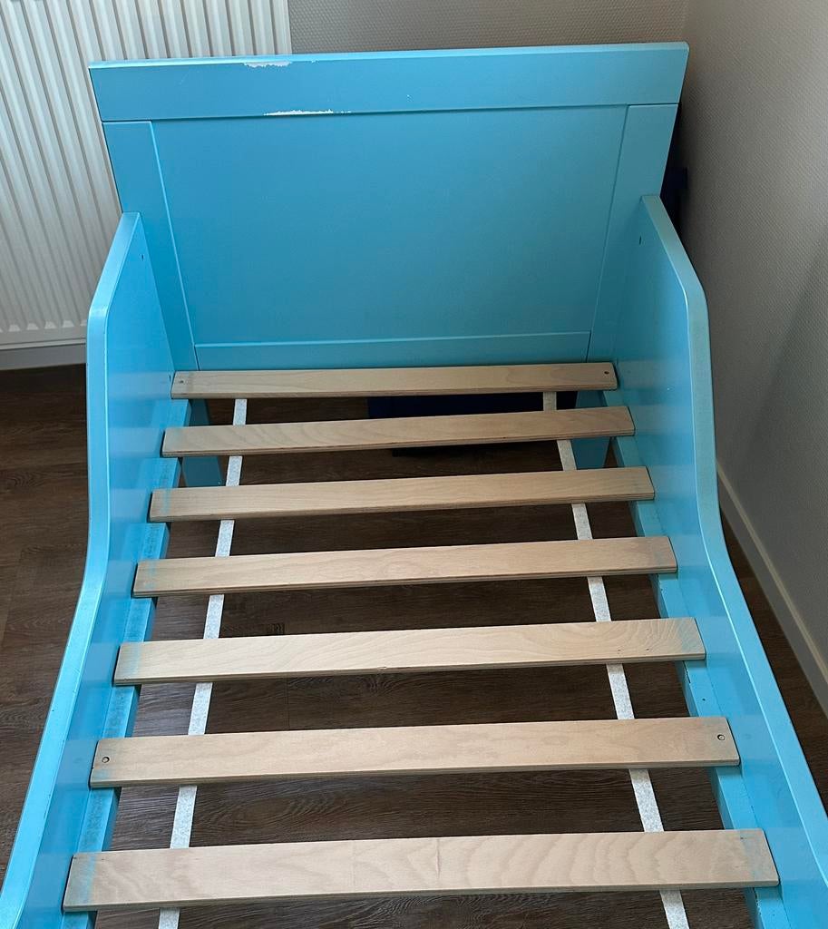 Blauw peuterbedje., Ophalen, Gebruikt, 70 tot 85 cm, Matras