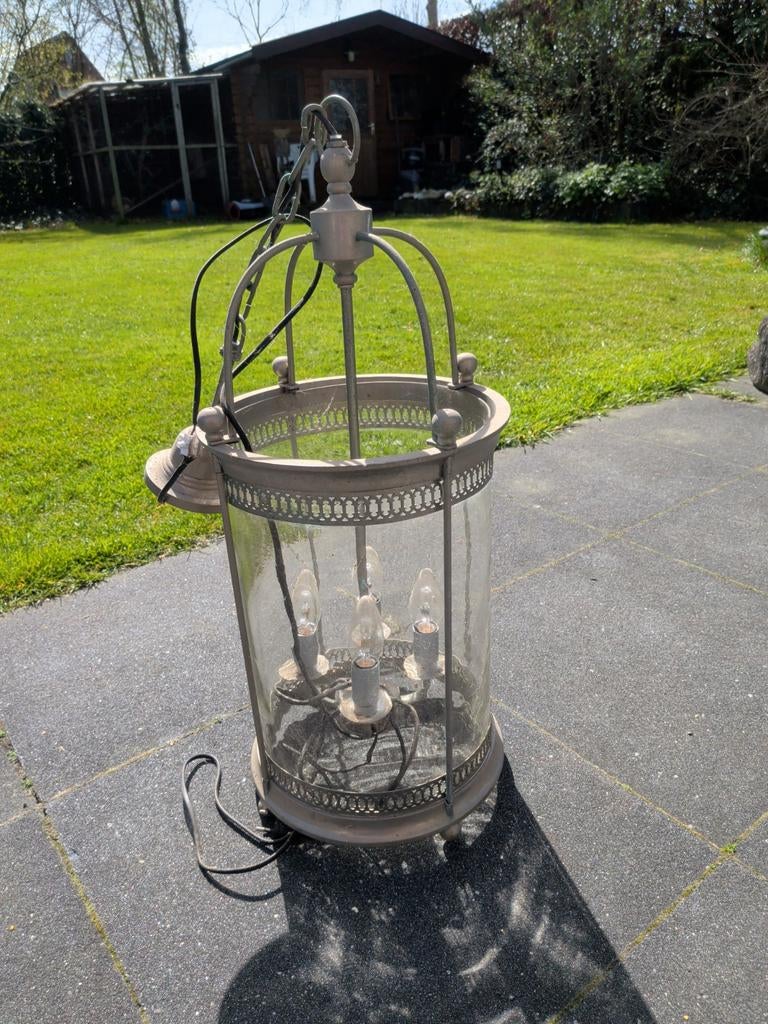 Mooie zware hanglamp met glazen cilinder en metalen frame, Ophalen, Gebruikt, Klassiek, Industrieel, 50 tot 75 cm