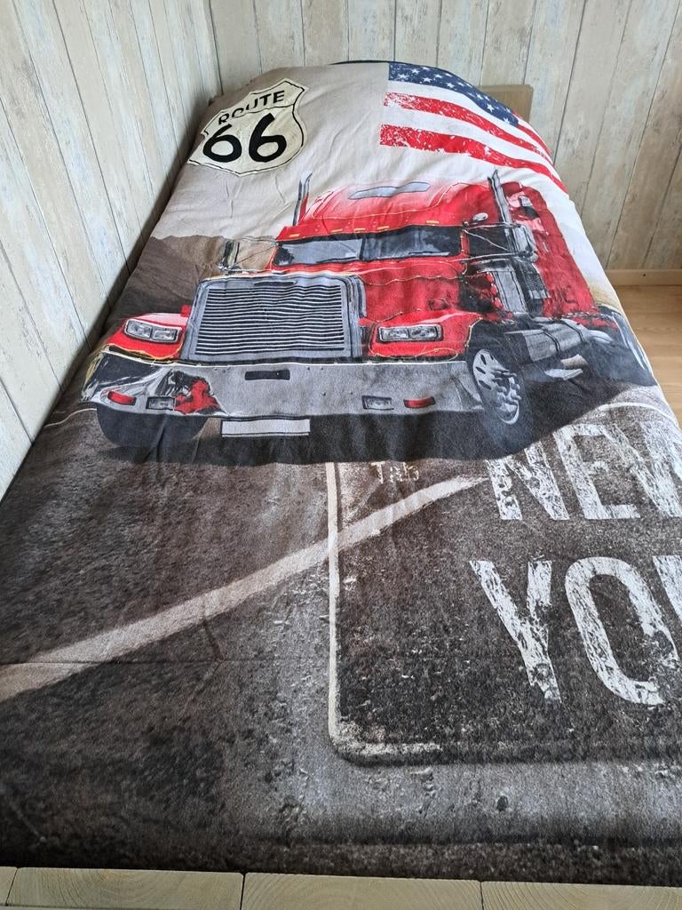 Flanel dekbed overtrek met vrachtwagen  1 persoons., Jongetje of Meisje, Wit, Dekbedovertrek, Ophalen of Verzenden