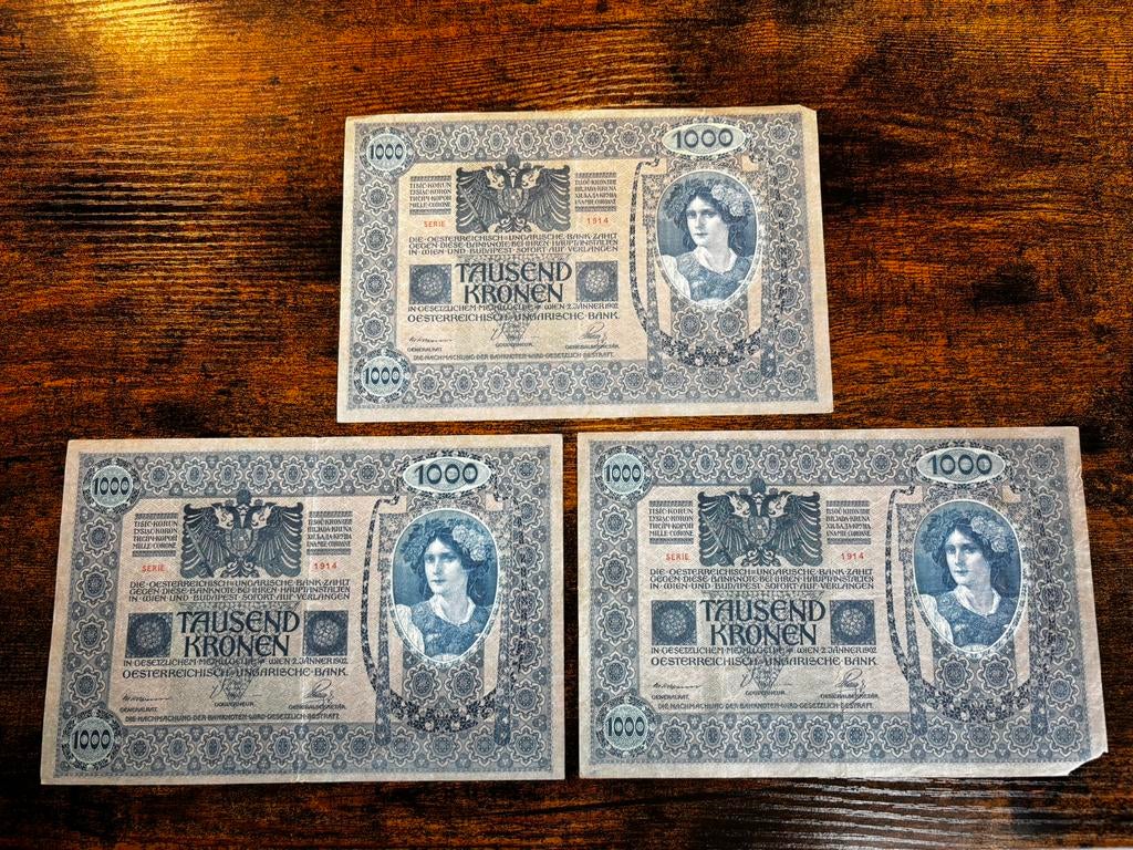 1000 Kronen Oostenrijk-Hongarije - 1914 bankbiljetten (3x), Ophalen of Verzenden, Oostenrijk, Los biljet