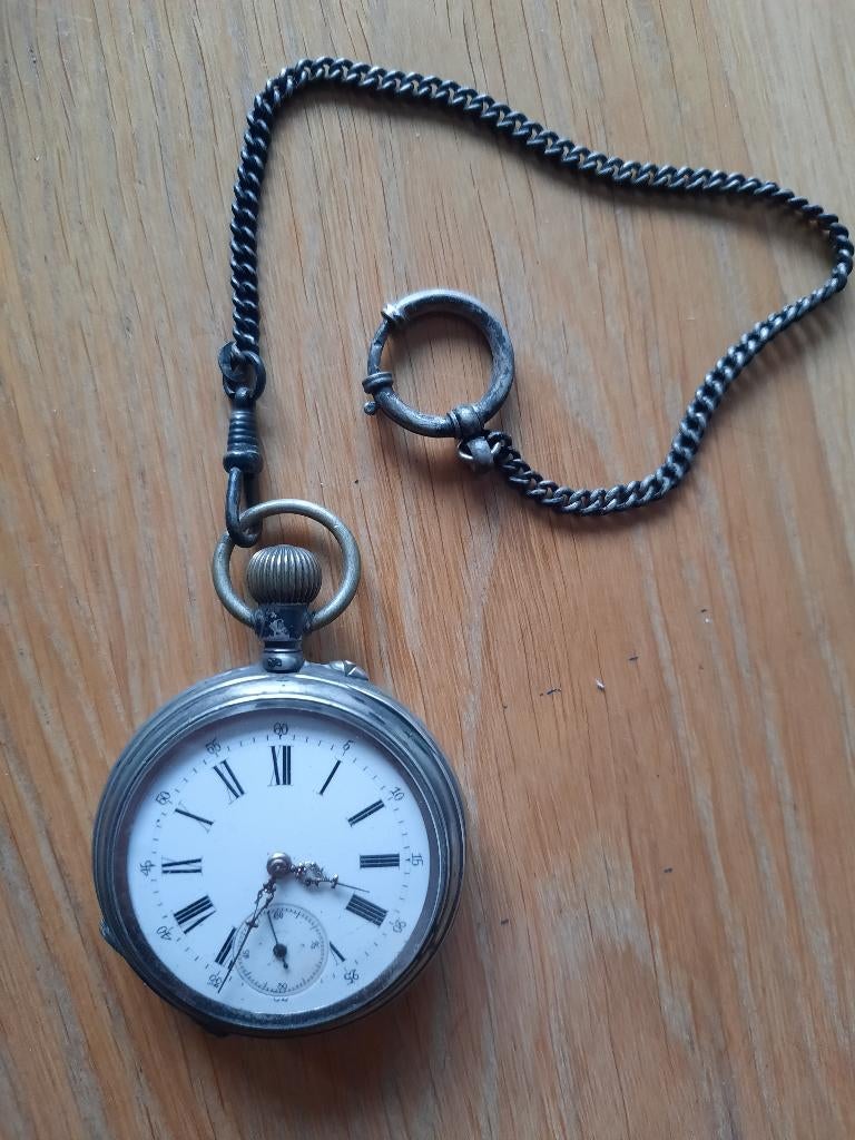 Zilveren zakhorloge met ketting 1900-1920, lopend, Ophalen of Verzenden