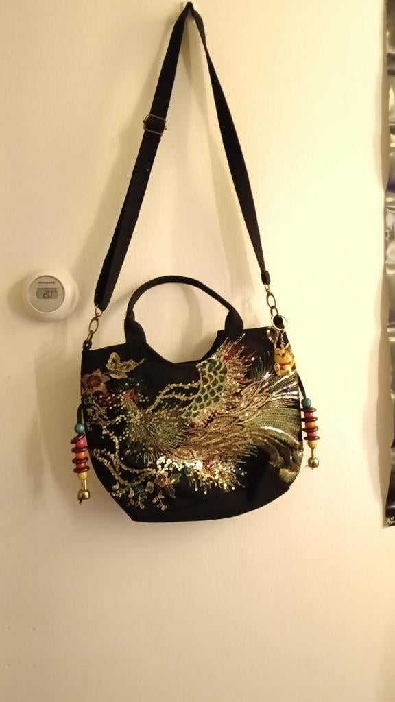 Zwarte handtas met borduursel, Ophalen of Verzenden, Gebruikt, Zwart, Handtas