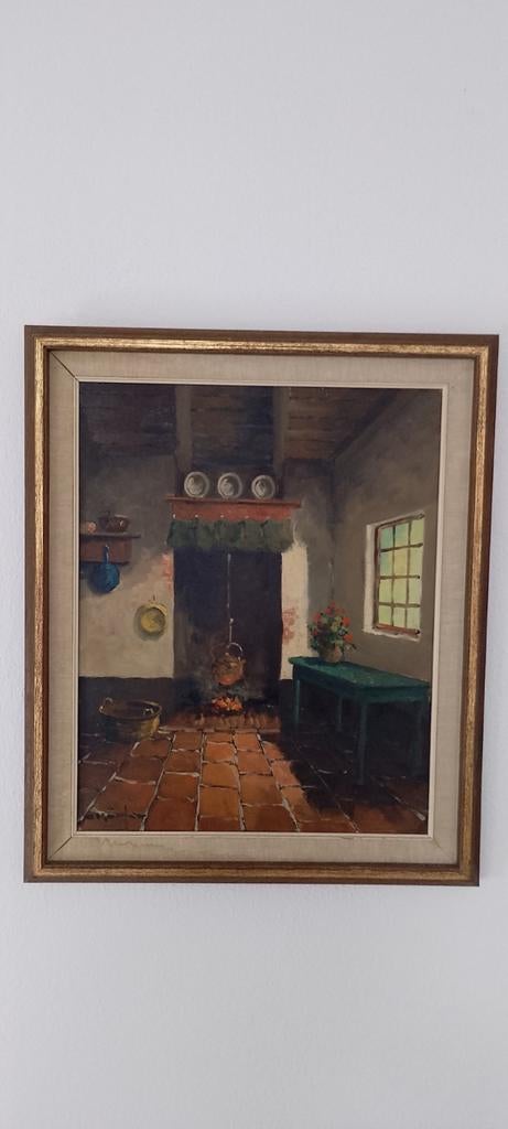 Schilderij Interieur met Haard en Tafel, 61x51 cm, Ophalen of Verzenden