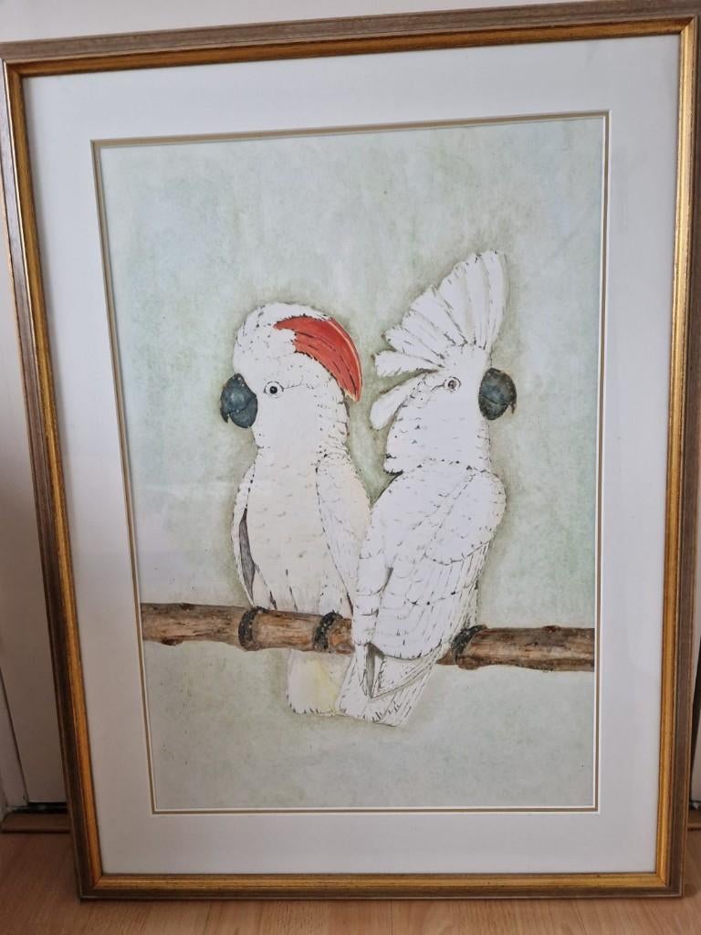 groot Aquarel - schilderij van Molukken & Witkuif Kaketoe, Dieren en Toebehoren, Vogels | Parkieten en Papegaaien, Meerdere dieren