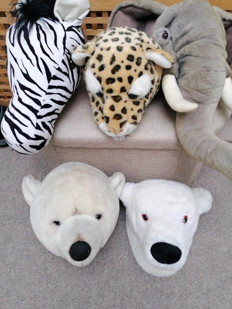 5 Knuffel dierenkoppen jungle 20/30 cm carnaval themafeest, Ophalen, Gedragen, Carnaval, Accessoires