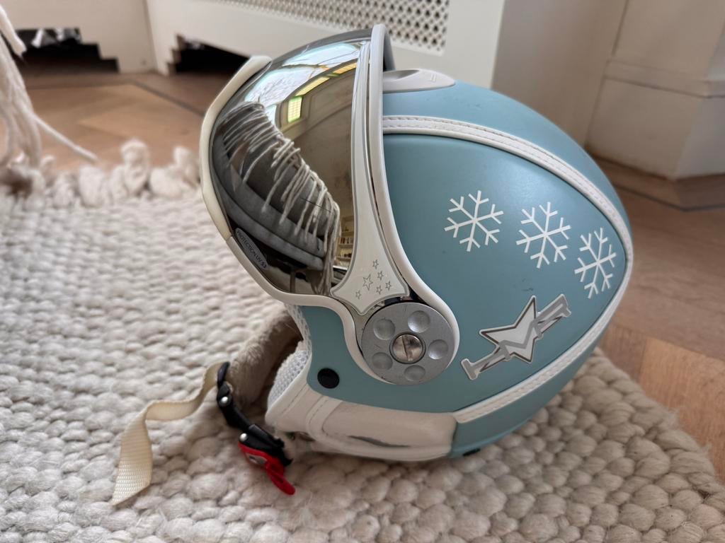 Zeer mooie HMR skihelm, maat XS/ 53 en blauw & wit leer, Fietsen en Brommers, Brommerhelmen, Ophalen of Verzenden, Zo goed als nieuw