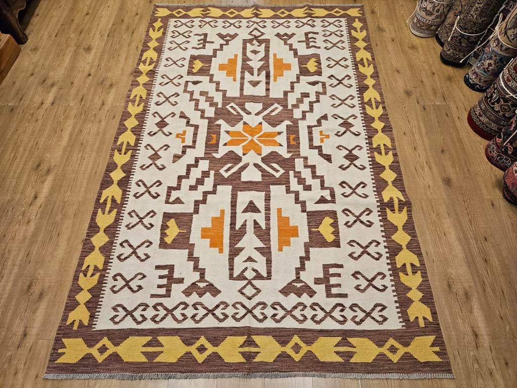 Handgeweven oosterse wollen kelim 259x164, Info@SlatsAntiek.nl, 150 tot 200 cm, Vof Slats Antiek, Ophalen of Verzenden