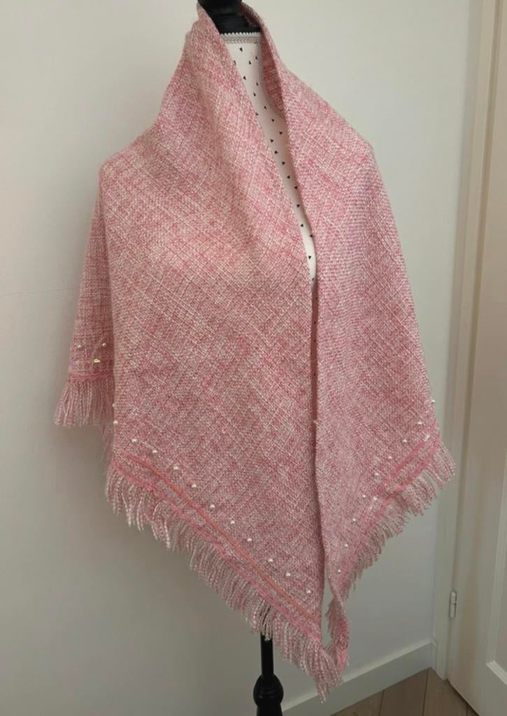 Roze Stola met Franjes en Parel Details, Ophalen of Verzenden, Zo goed als nieuw, Maat 46/48 (XL) of groter, Sjaal