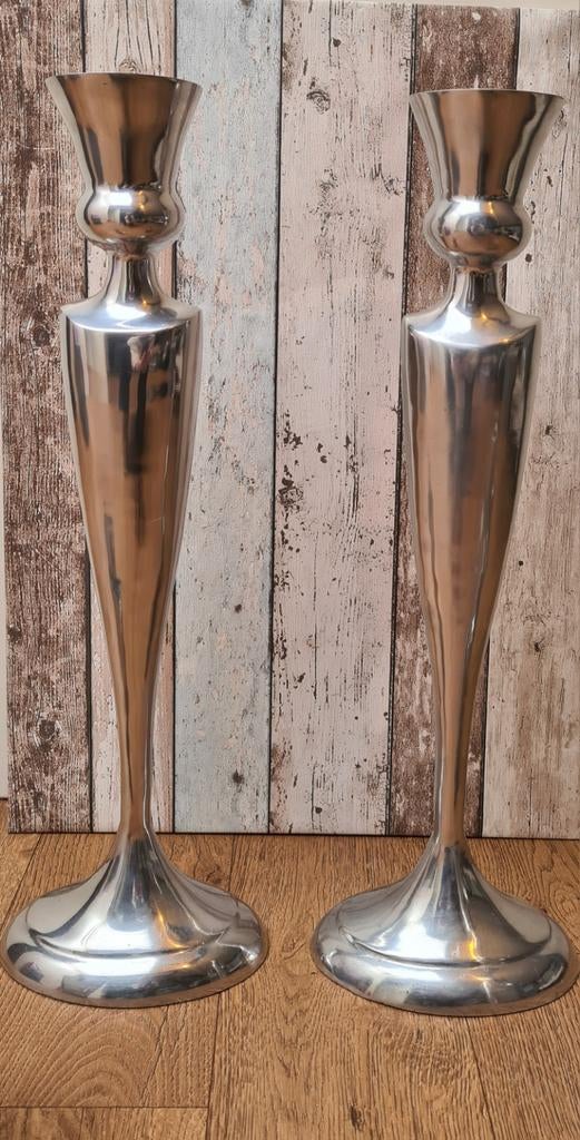 Set van 2 prachtige RVS Kandelaars - 60cm hoog, Ophalen, 50 tot 75 cm, Grijs, Zo goed als nieuw