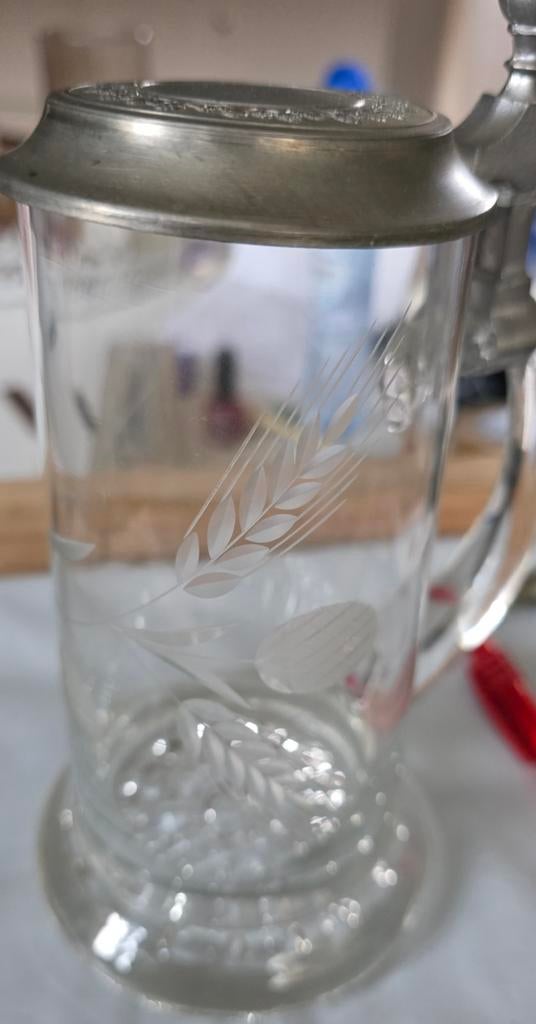 Oude bierpul met tinnen deksel, Antiek en Kunst, Antiek | Glas en Kristal, Ophalen of Verzenden
