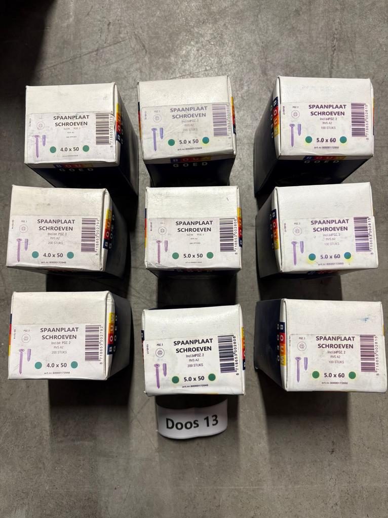 Partij RVS spaanplaatschroeven RVSA2 - 9 nieuwe doosjes, Doe-het-zelf en Verbouw, Gereedschap | Handgereedschap, Ophalen of Verzenden