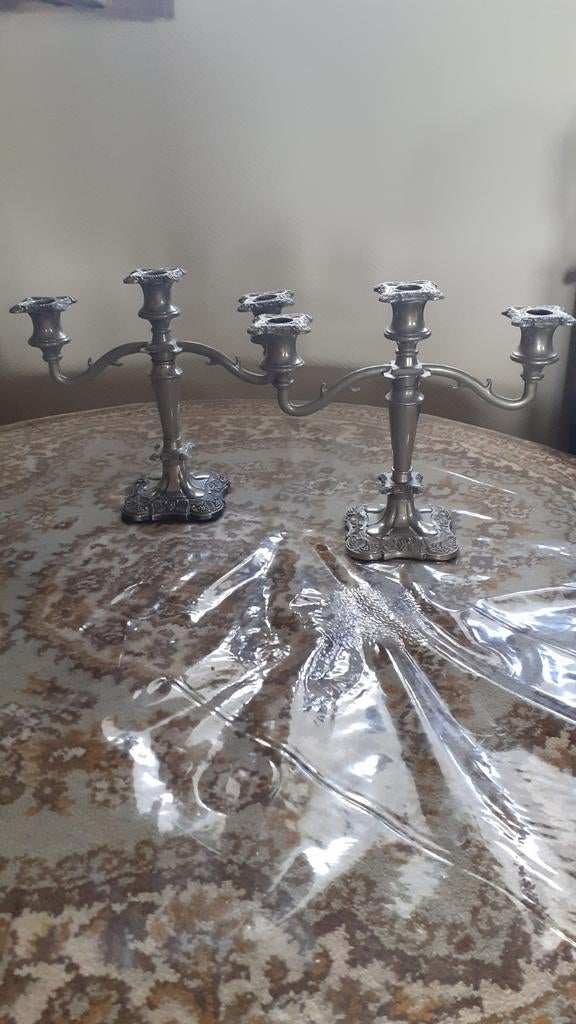 Set van 2 Antieke Zilverkleurige tinnen Kandelaren, Antiek en Kunst, Antiek | Kandelaars, Ophalen of Verzenden, Koper of Brons