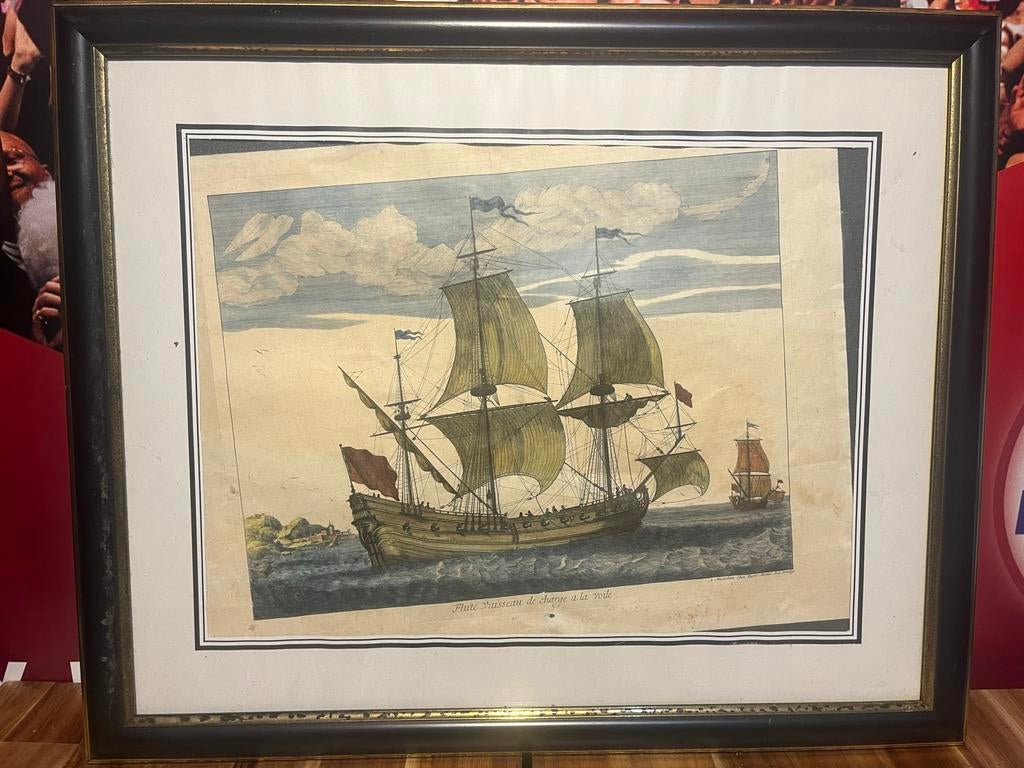 Antieke Maritieme Gravure: Fluit Vaartuig met Fijne Lijnen, Ophalen of Verzenden