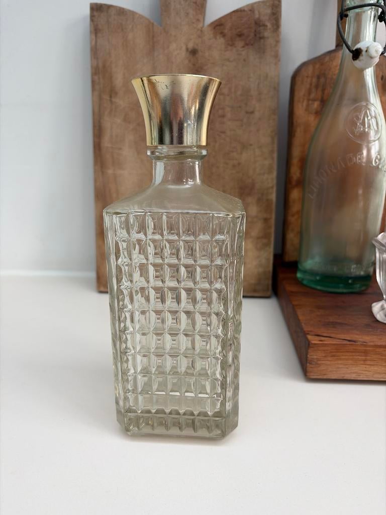 Vintage Glazen Karaf met Gouden Dop, Ophalen of Verzenden