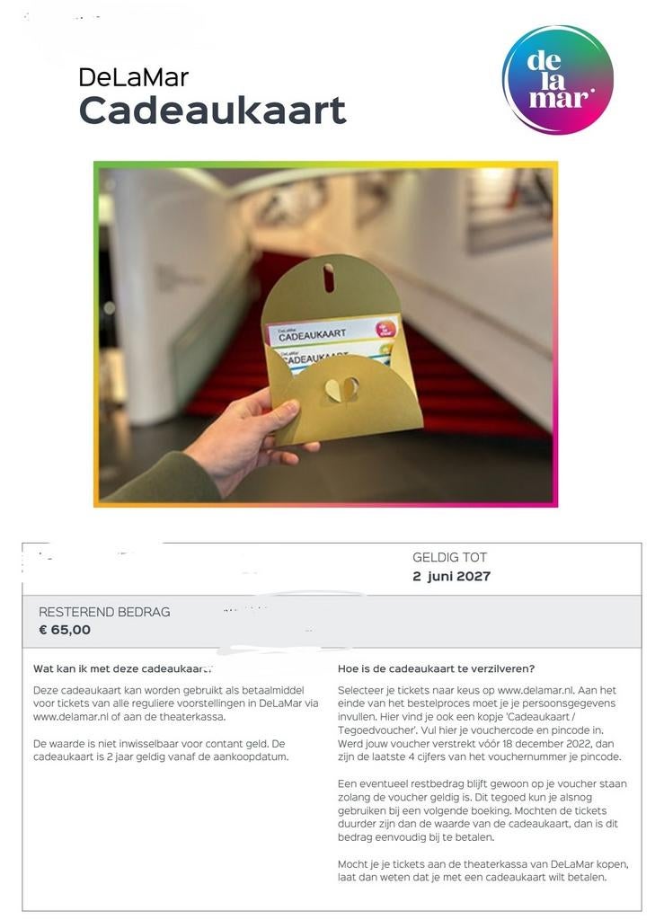 Delamar Theater Amsterdam tegoedbon cadeaubon, Tickets en Kaartjes, Twee personen, Cadeaubon