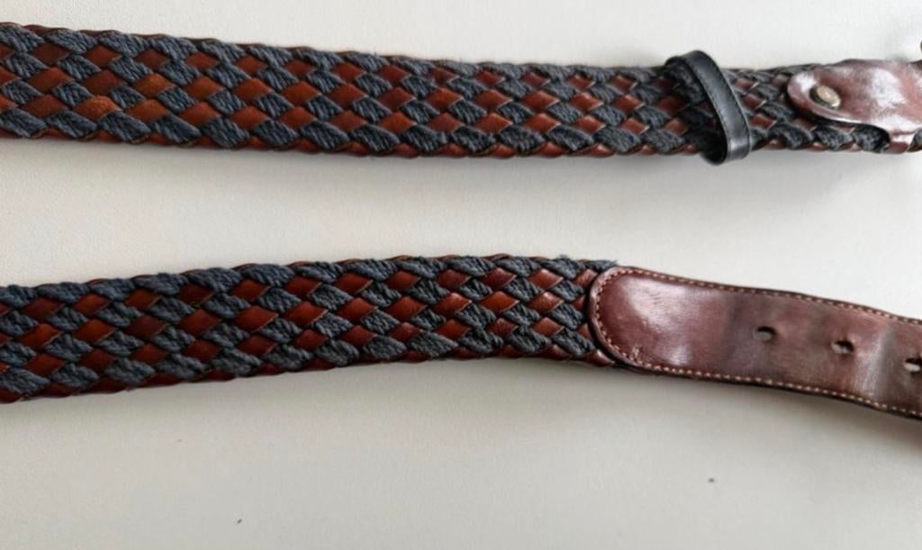 Gevlochten Riem Blauw/Grijs met Koperen Gesp - 125cm, Kleding | Dames, Riemen en Ceinturen, Gedragen, Heupriem, 100 cm of meer