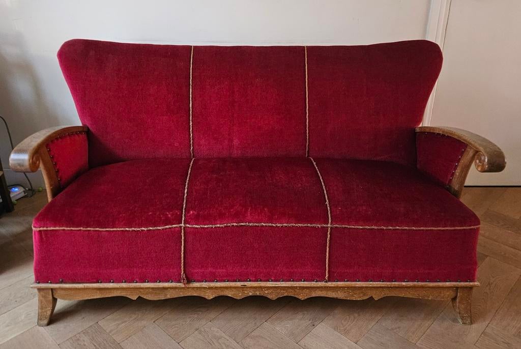 Rood fluwelen bankje, Ophalen, Gebruikt, 150 tot 200 cm, Driepersoons