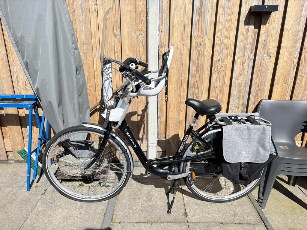Moederfiets met kinderzitje, Fietsen en Brommers, Fietsen | Dames | Moederfietsen, Gebruikt, Batavus, 56 cm of meer, 1 zitje, Dubbele standaard