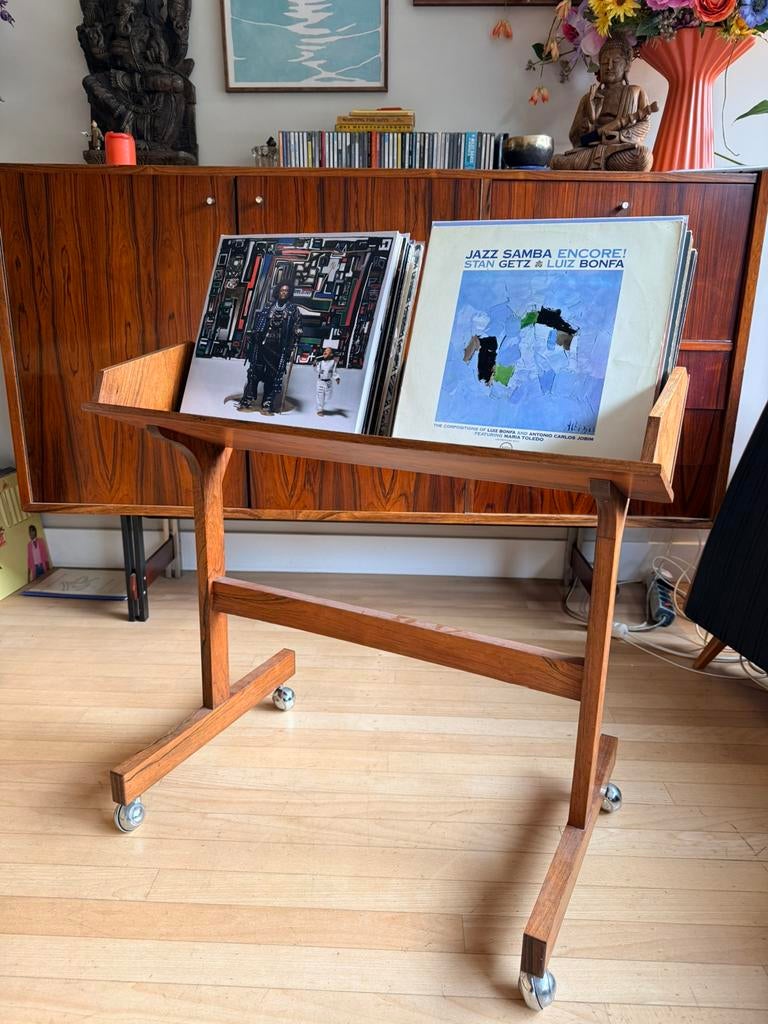 Prachtig vintage palisander lp vinyl rek kast plank trolly, Ophalen of Verzenden, Gebruikt