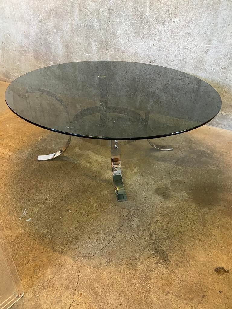 Space Age salontafel met chromen onderstel en rookglas blad, Gebruikt, Glas, Onbekend, Onbekend