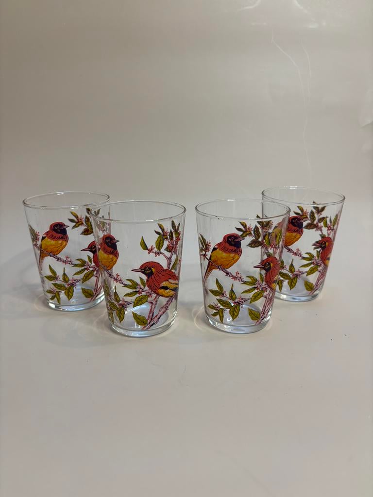 4 Vintage Arcoroc Glazen met Paradijsvogelontwerp, Ophalen of Verzenden