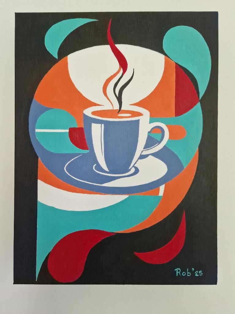 bakkie koffie, zelf geschilderd op doek met acryl, Ophalen